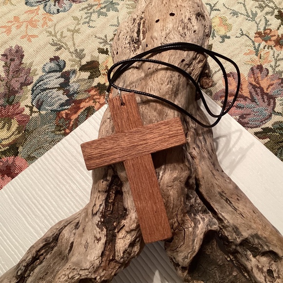 Simple Handcrafted Natural Wooden Cross Necklace 24” - Picture 1 of 5